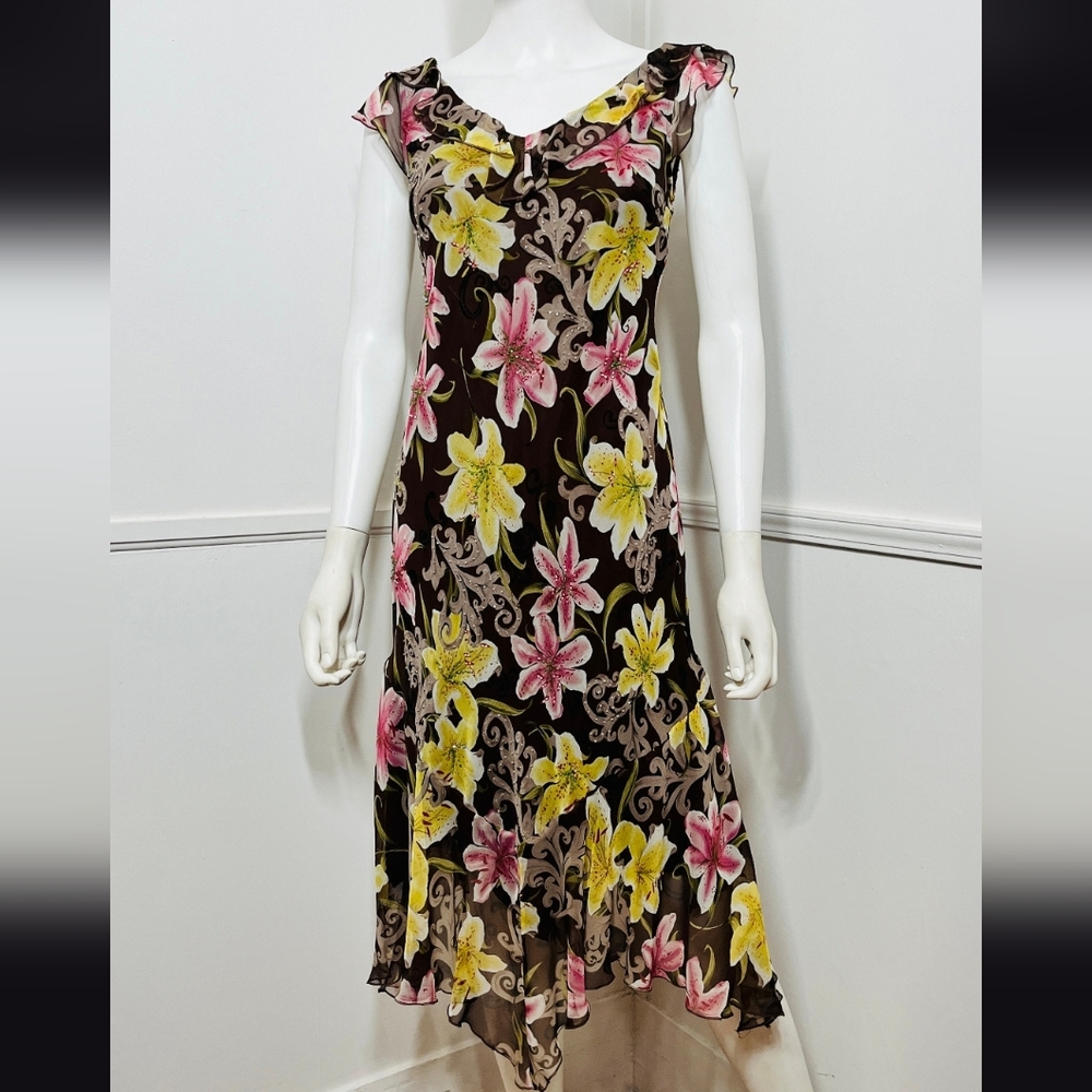 EUC Carrie Bradshaw Style Whimsical 90s 100% silk Beaded Floral Print Midi Dress